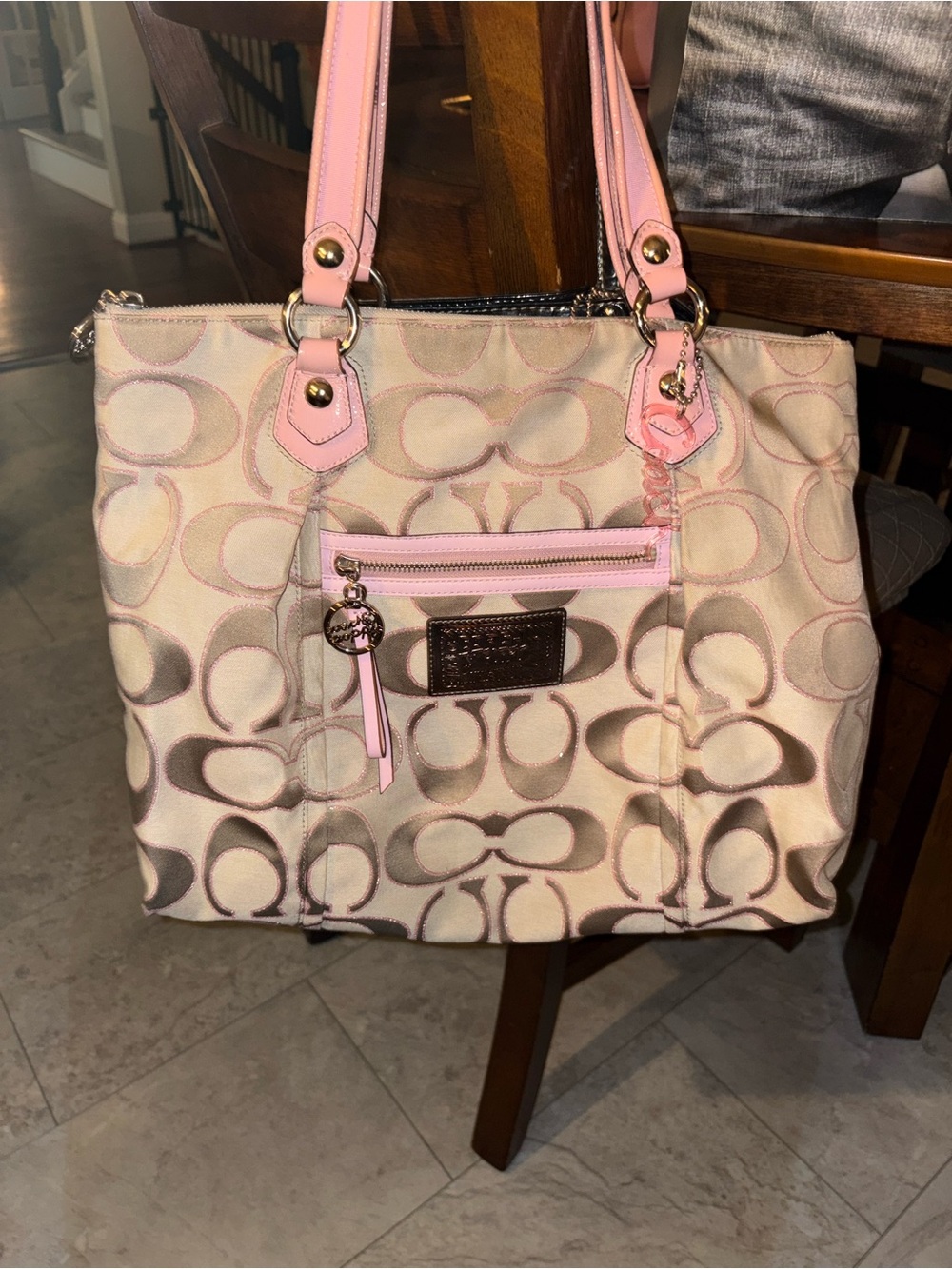 Coach vintage Y2K Beige Signature Tote with Pink Leather Trim with coach charm